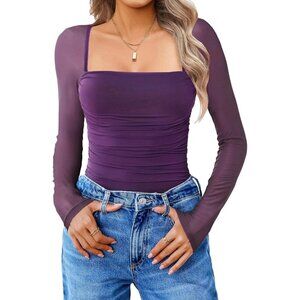 Women's Square Mesh Neck Long Sleeve Bodysuit Shirts Sexy Sheer Dark Purple Tops
